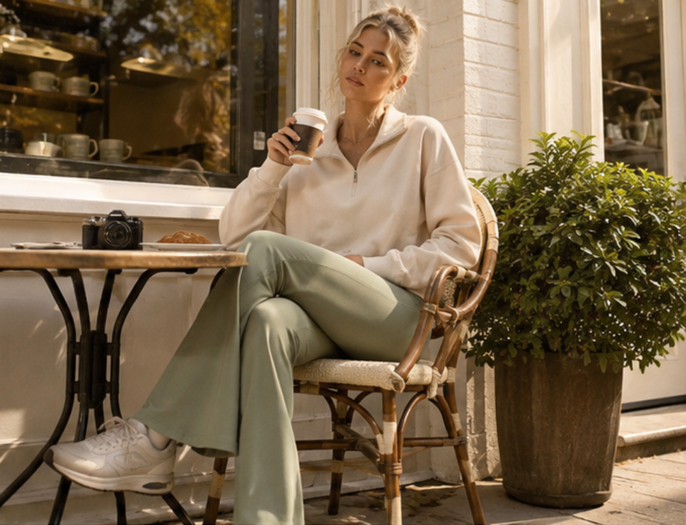 A collection of versatile athleisure pieces in a neutral color palette.