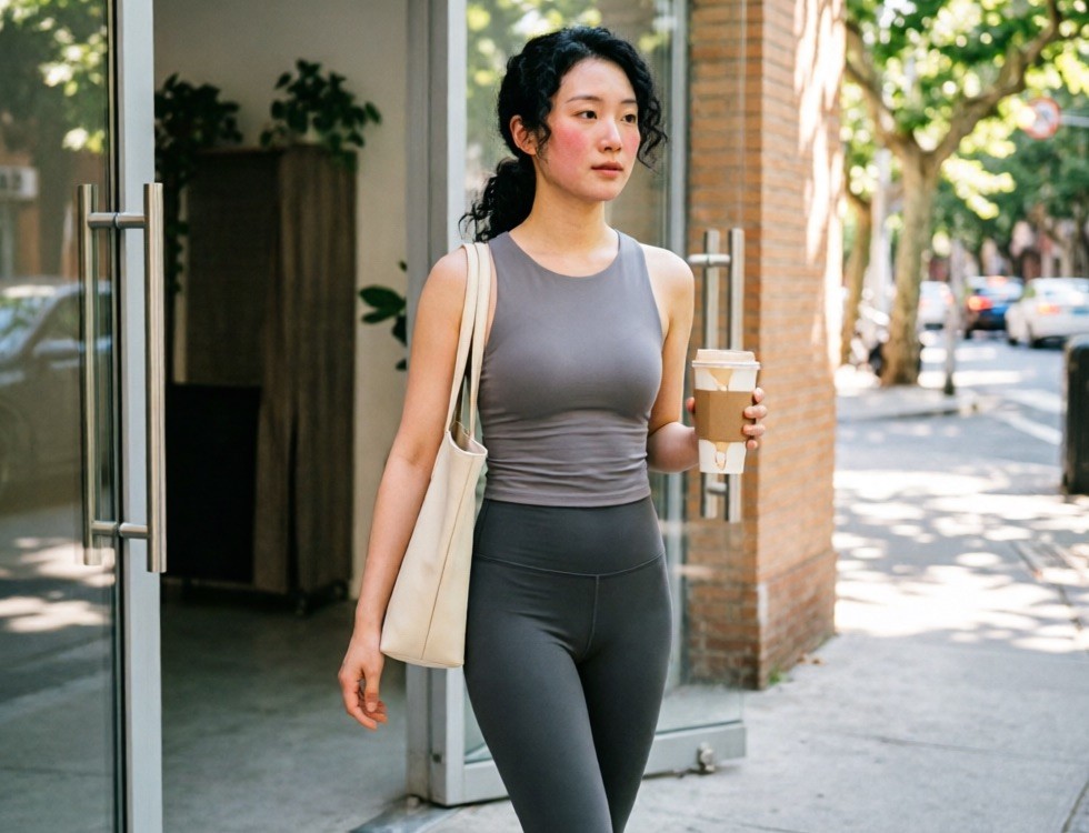 A yoga studio outfit becomes a street outfit — matte leggings, a fitted top and a coffee cup, photographed on a city sidewalk
