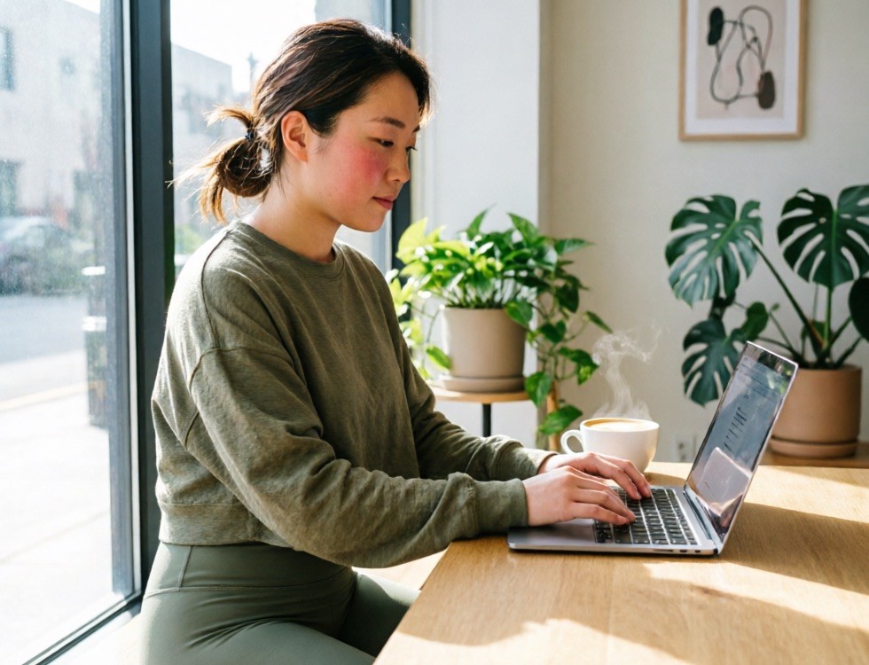 Everyday athleisure at a coffee shop — matte leggings and a relaxed top with a laptop, working remotely