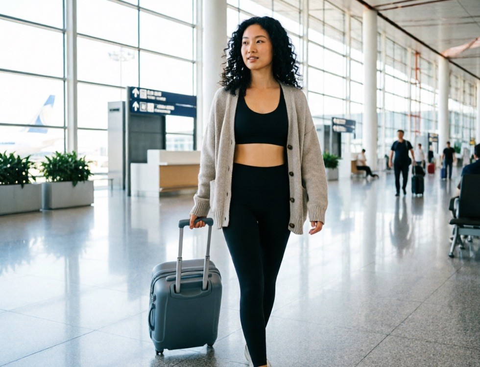 Airport-ready athleisure — leggings, a longline layer and a cardigan with a wheeled suitcase in a bright terminal
