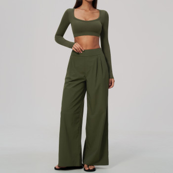 Custom Yoga Sets|Supplier of Stylish, Slim-Fit, Wide-Leg Long-Sleeve Cropped Athleisure Set