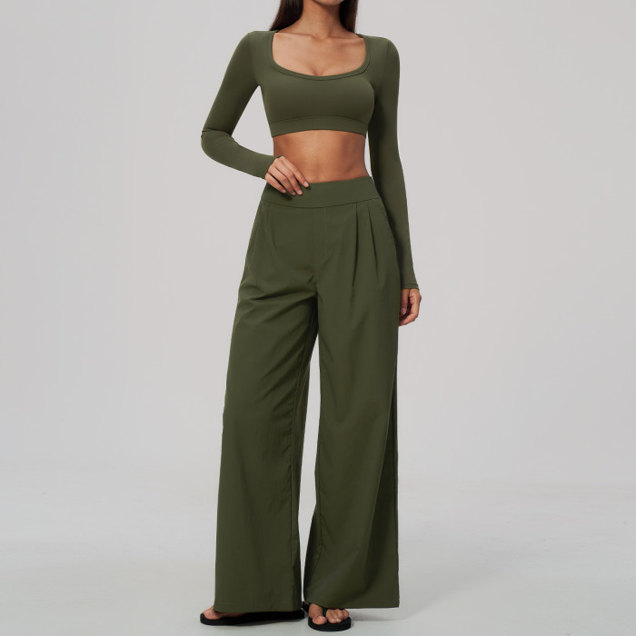 Custom Yoga Sets|Supplier of Stylish, Slim-Fit, Wide-Leg Long-Sleeve Cropped Athleisure Set