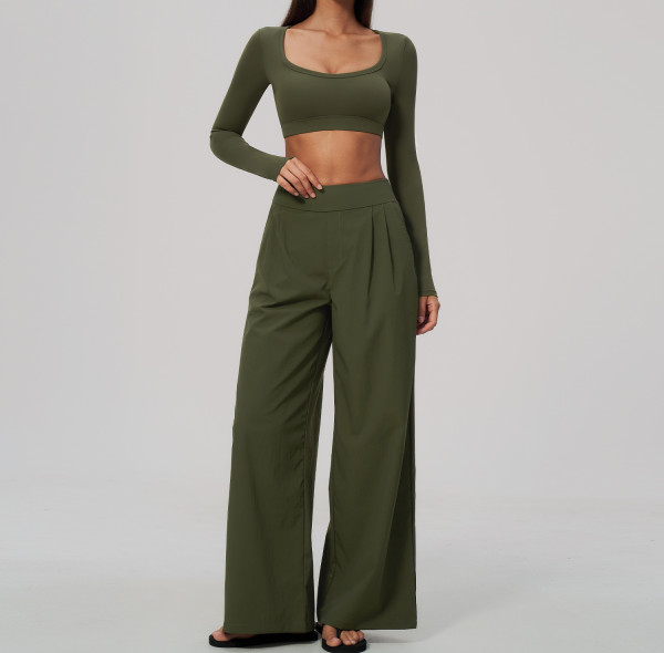 Custom Yoga Sets|Supplier of Stylish, Slim-Fit, Wide-Leg Long-Sleeve Cropped Athleisure Set