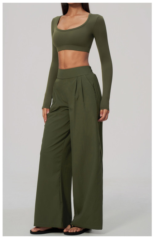 Custom Yoga Sets|Supplier of Stylish, Slim-Fit, Wide-Leg Long-Sleeve Cropped Athleisure Set