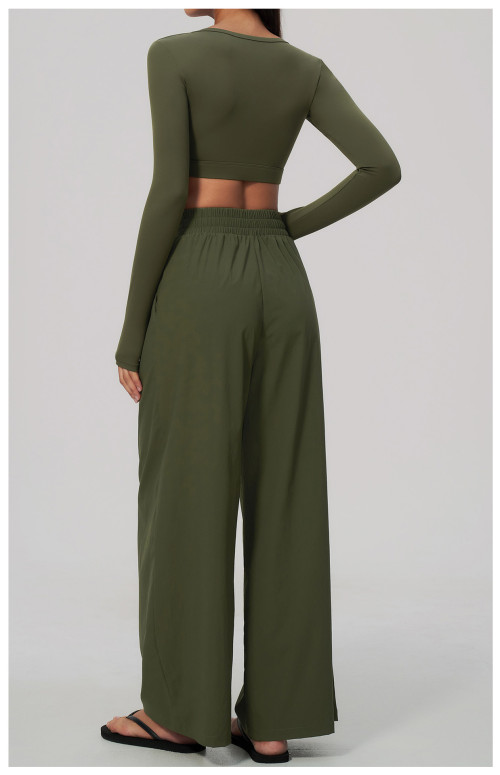 Custom Yoga Sets|Supplier of Stylish, Slim-Fit, Wide-Leg Long-Sleeve Cropped Athleisure Set