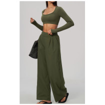 Custom Yoga Sets|Supplier of Stylish, Slim-Fit, Wide-Leg Long-Sleeve Cropped Athleisure Set