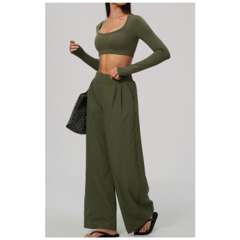 Custom Yoga Sets|Supplier of Stylish, Slim-Fit, Wide-Leg Long-Sleeve Cropped Athleisure Set