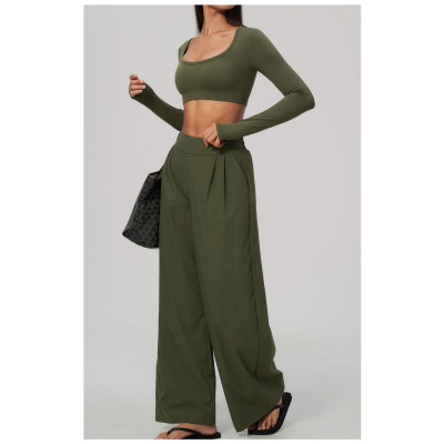 Custom Yoga Sets|Supplier of Stylish, Slim-Fit, Wide-Leg Long-Sleeve Cropped Athleisure Set
