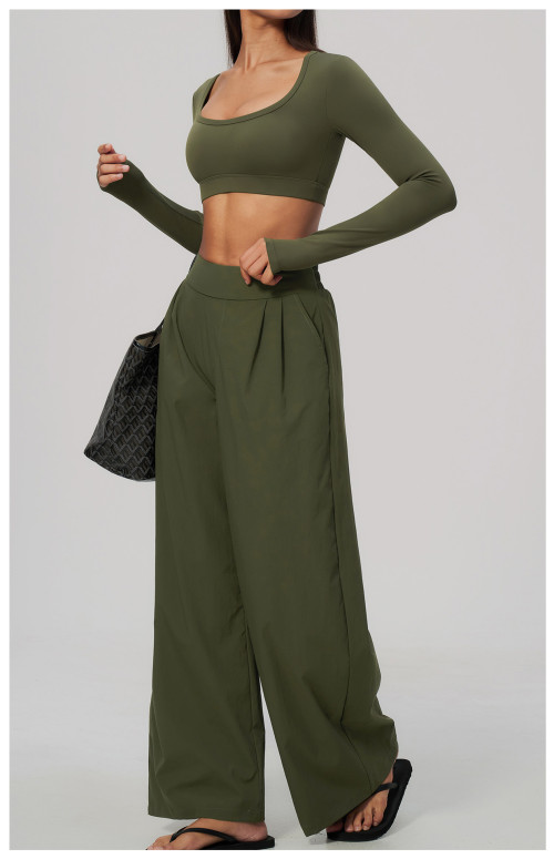 Custom Yoga Sets|Supplier of Stylish, Slim-Fit, Wide-Leg Long-Sleeve Cropped Athleisure Set