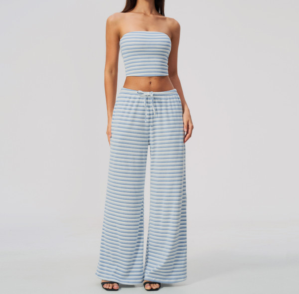 Custom Yoga Sets|Supplier of Sophisticated Yoga Set: Striped Casual Wide-Leg Pants Outfit