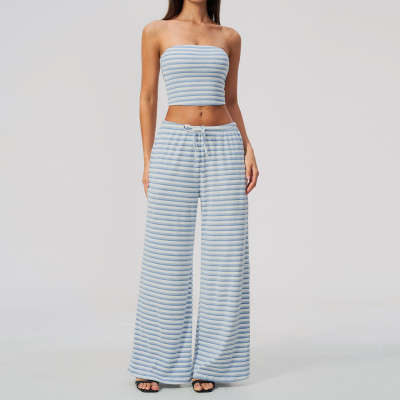 Custom Yoga Sets|Supplier of Sophisticated Yoga Set: Striped Casual Wide-Leg Pants Outfit