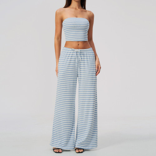 Custom Yoga Sets|Supplier of Sophisticated Yoga Set: Striped Casual Wide-Leg Pants Outfit