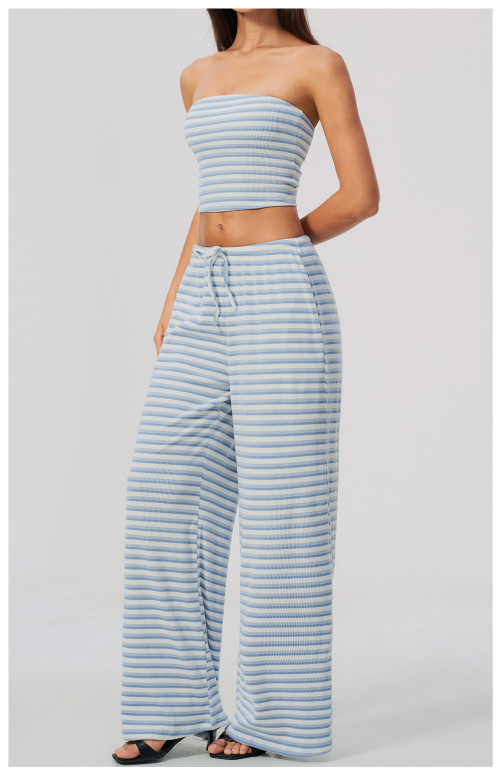 Custom Yoga Sets|Supplier of Sophisticated Yoga Set: Striped Casual Wide-Leg Pants Outfit