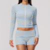 Custom Yoga Sets|Supplier of  Striped Yoga Set with Mock Neck Top and Athletic Shorts