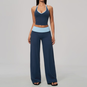 Custom Yoga Sets|Supplier of  High-waisted, quick-dry yoga set featuring a color-block halter top