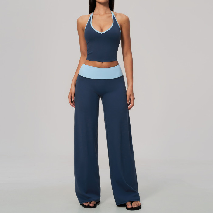 Custom Yoga Sets|Supplier of  High-waisted, quick-dry yoga set featuring a color-block halter top