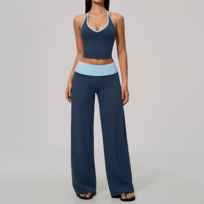 Custom Yoga Sets|Supplier of High-waisted, quick-dry yoga set featuring a color-block halter top