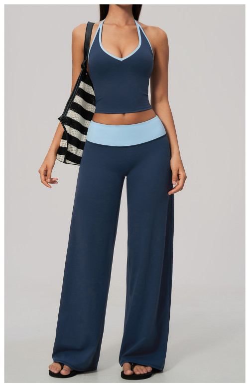 Custom Yoga Sets|Supplier of  High-waisted, quick-dry yoga set featuring a color-block halter top