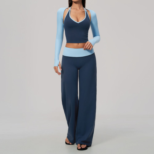Custom Yoga Sets|Supplier of  3-Piece Yoga Set V-Neck Halter-Style Long-Sleeve Color-Block Yoga Top