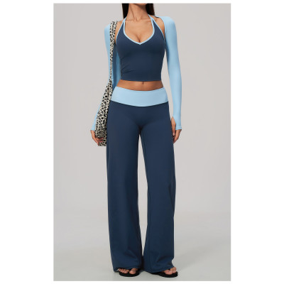 Custom Yoga Sets|Supplier of  3-Piece Yoga Set V-Neck Halter-Style Long-Sleeve Color-Block Yoga Top