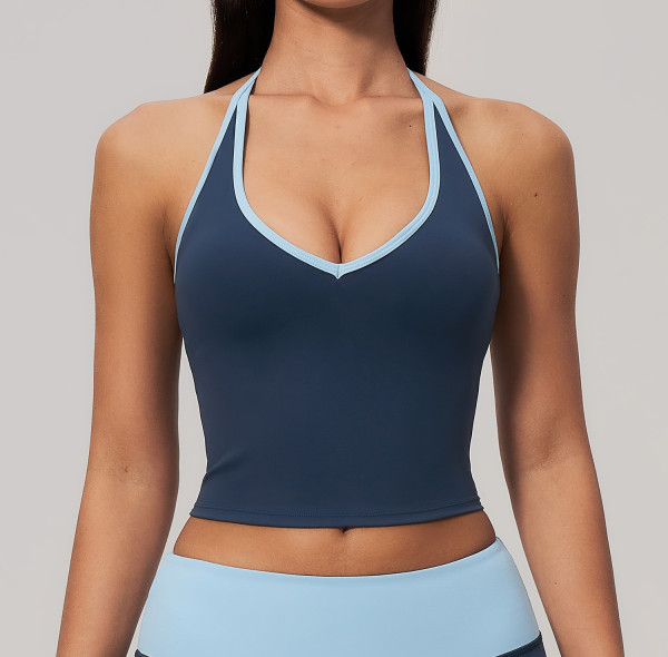 Custom Yoga Vest|Wholesale Color-block V-neck halter yoga tank top with built-in pads for fitness