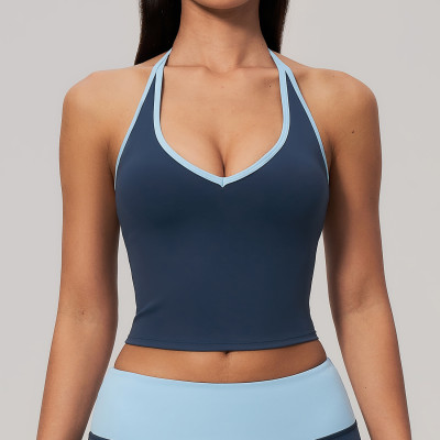 Custom Yoga Vest|Wholesale Color-block V-neck halter yoga tank top with built-in pads for fitness