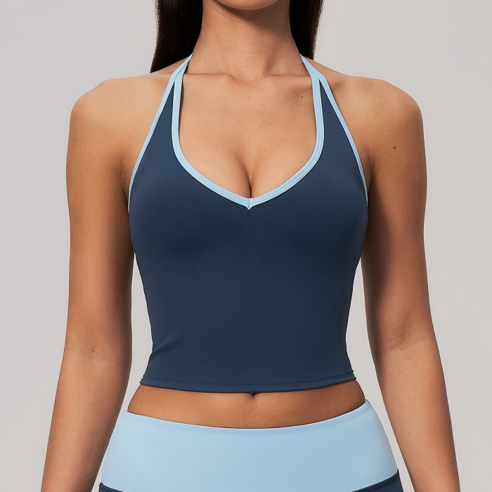 Custom Yoga Vest|Wholesale Color-block V-neck halter yoga tank top with built-in pads for fitness