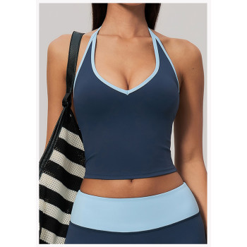 Custom Yoga Vest|Wholesale Color-block V-neck halter yoga tank top with built-in pads for fitness