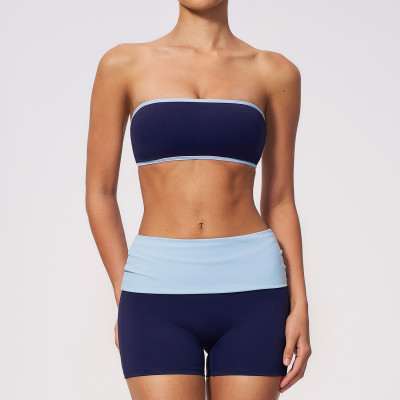 Custom Yoga Sets|Supplier of Color-block yoga set featuring tube top butt-lifting tummy-control