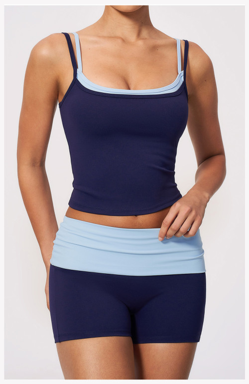 Custom Yoga Sets|Supplier of Women's High-Waisted Yoga Set – Color-Block "Faux-Layered" Design