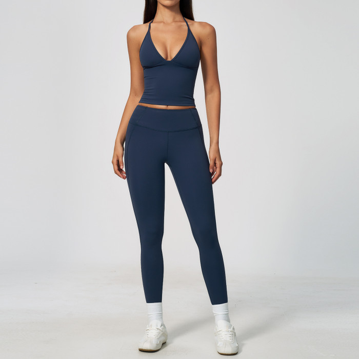 Custom Yoga Sets|Supplier of  New Women's High-Stretch Tummy-Control Yoga Set with Halter-Neck Top