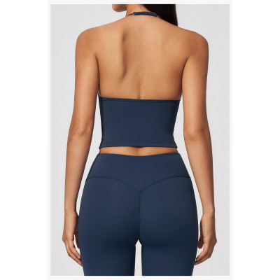 Custom Yoga Vest|Wholesale Halter-neck deep-V sports bra with open-back design for shaping fitness