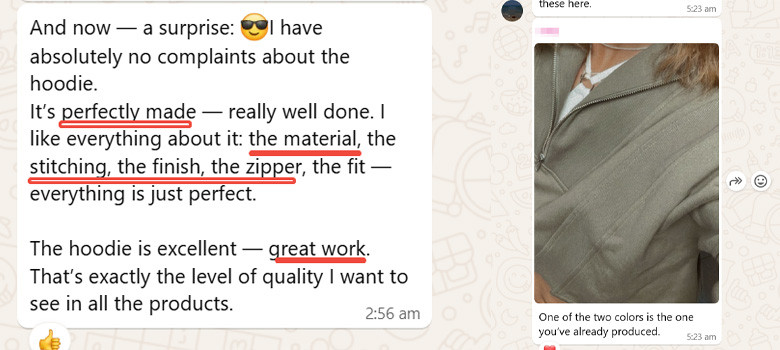 German client feedback and zip hoodie sample
