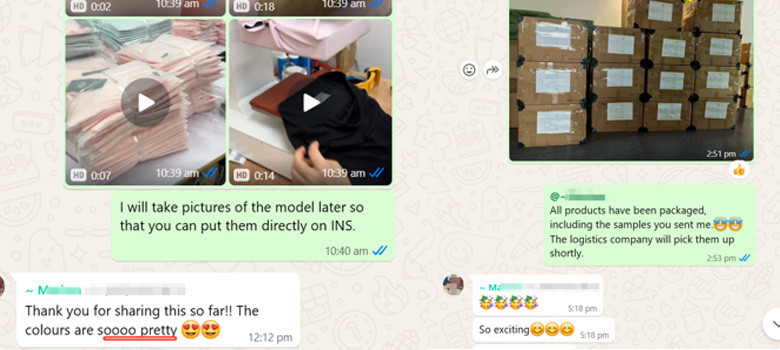 WhatsApp chat with Canadian activewear client, production and packaging updates