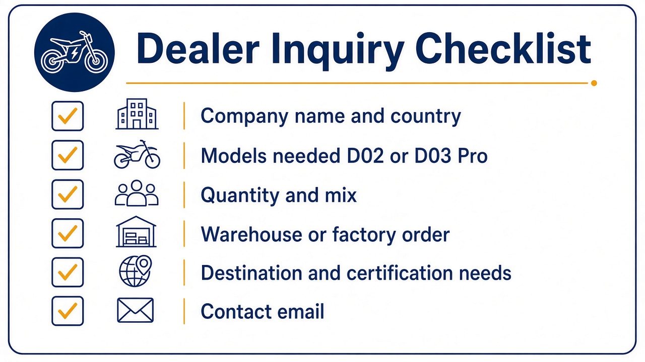 Dealer inquiry checklist for wholesale electric dirt bike orders