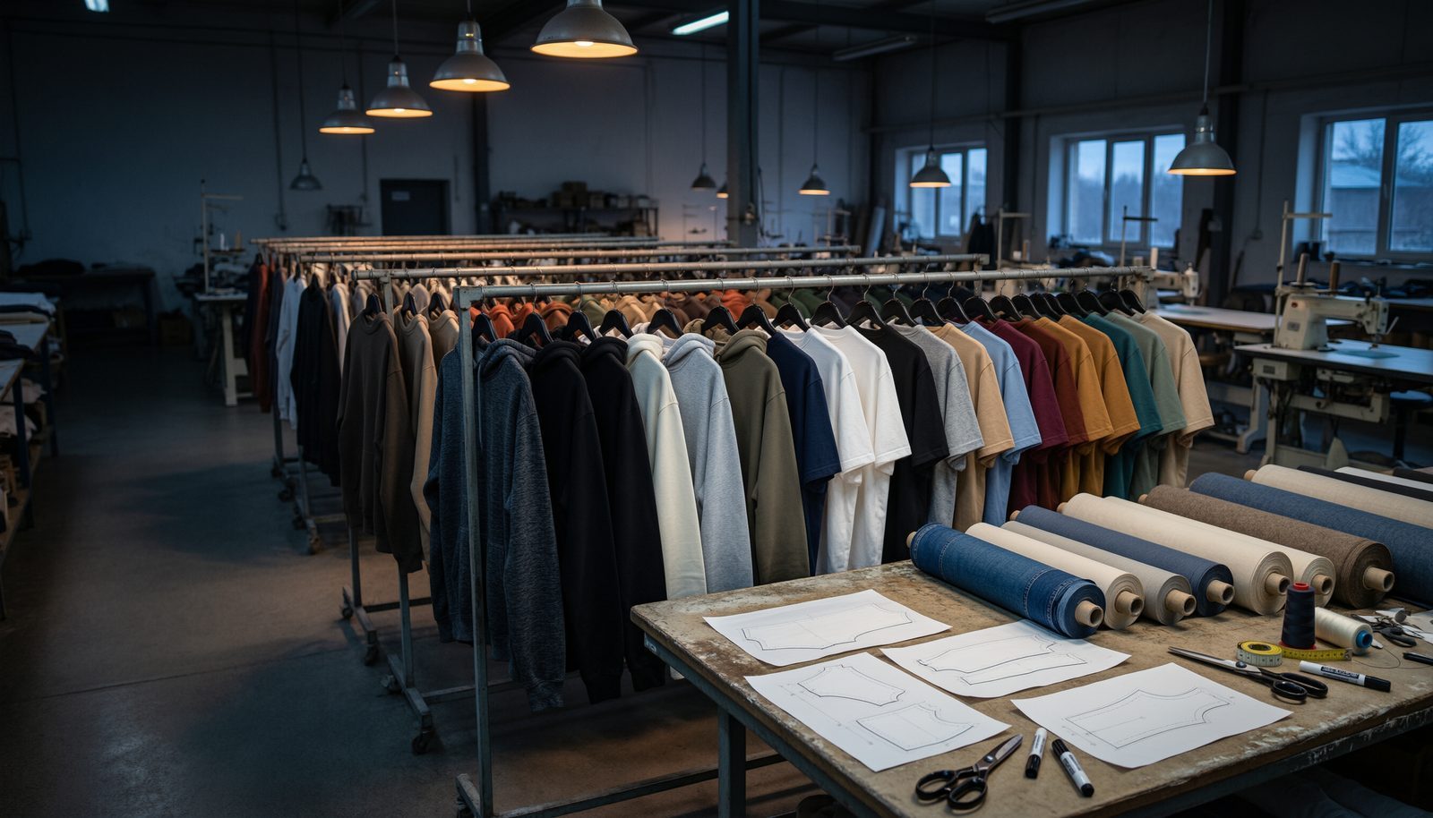 Streetwear garment workshop with hoodies on racks, fabric rolls and sewing machines