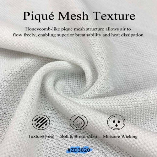Tissu piqué respirant en maille, 65 % polyester et 35 % coton, idéal pour polos et t-shirts.