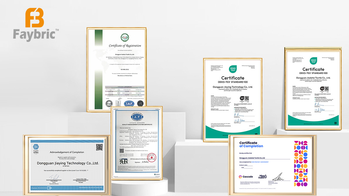 Certificaciones oficiales de Faybric Textile, incluyendo OEKO-TEX Standard 100, ISO y certificados de cumplimiento de sostenibilidad.