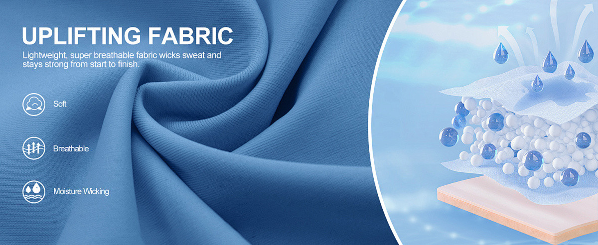 Uplifting activewear fabric banner showing soft breathable moisture wicking performance knit fabric with moisture transfer structure diagram