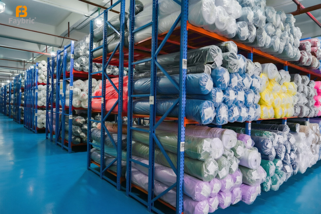Neat Faybric Jdttex warehouse with stacked rolls of diversified textile fabrics on storage racks