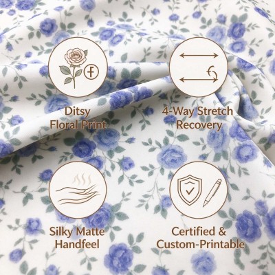 Ditsy Blue Rose Floral Print Nylon Spandex Fabric YF205 4-Way Stretch Matte Swimwear & Activewear Knit Fabric