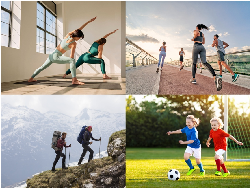 Multi-scene collage of activewear application: yoga, running, mountain hiking and kids sportswear for sustainable functional sports fabrics