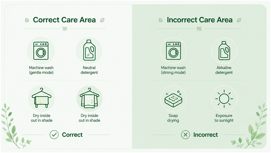 Correct vs incorrect care guide for recycled bio-based functional sport fabrics, eco activewear laundry maintenance tips infographic