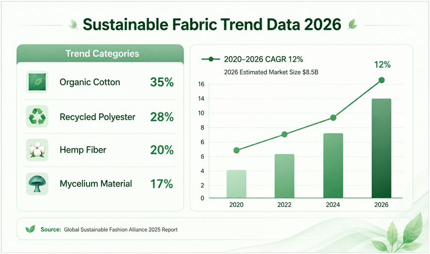 2026 Sustainable Fabric Trend Data infographic, market growth chart of eco textile materials including recycled polyester and bio-based fabrics