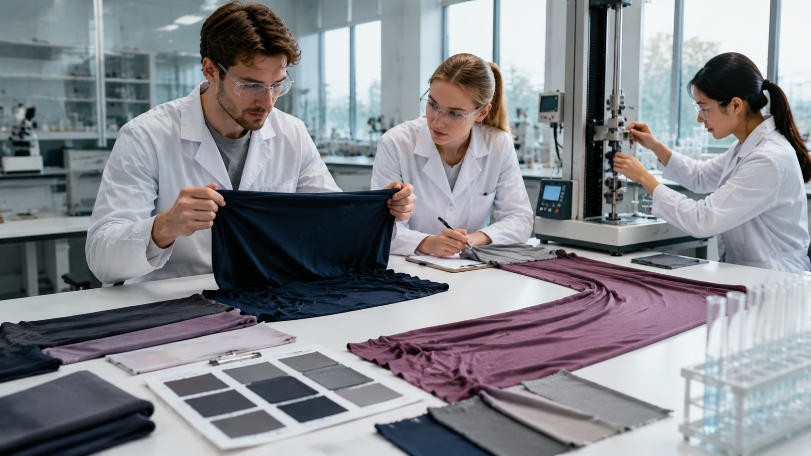 Textile lab technicians test stretch functional knit fabric for activewear, fabric tensile strength testing equipment and color swatch palette in textile research laboratory