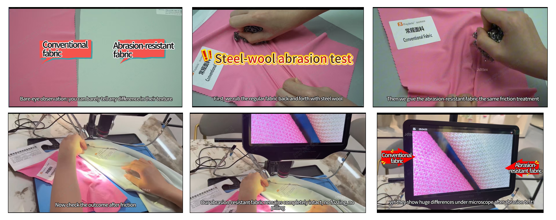 Faybric abrasion resistant fabric steel wool abrasion test compare with conventional fabric under microscope