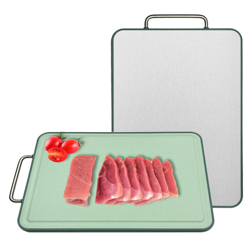 Großhandels-Schneidebrett aus Edelstahl | 11" x 16" mit Tragegriff aus massivem Edelstahl, unsichtbaren, auslaufsicheren Rillen, vollständig umlaufender, rutschfester Oberfläche