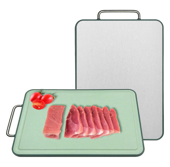 Wholesale Stainless Steel Cutting Board| 11" X 16" with Solid Stainless Steel Carry Handle, Invisible Spill-Proof Grooves, Full Wrap-Around Non-Slip