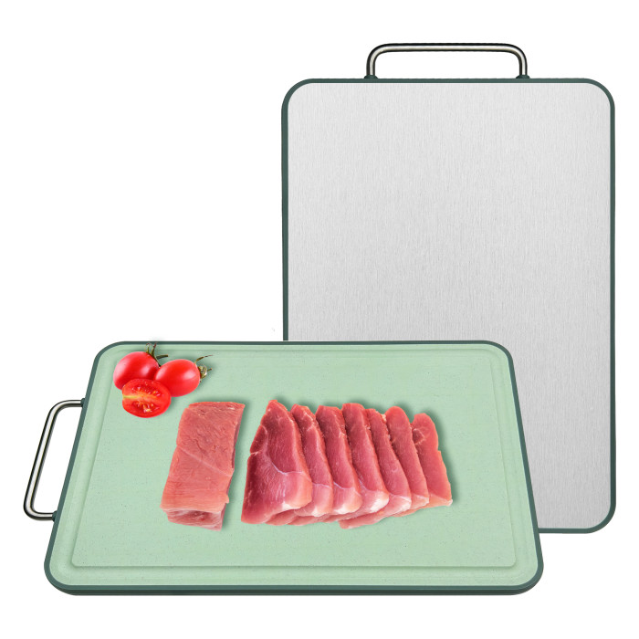 Stainless Steel Cutting Board| 11" X 16" with Solid Stainless Steel Carry Handle, Invisible Spill-Proof Grooves, Full Wrap-Around Non-Slip