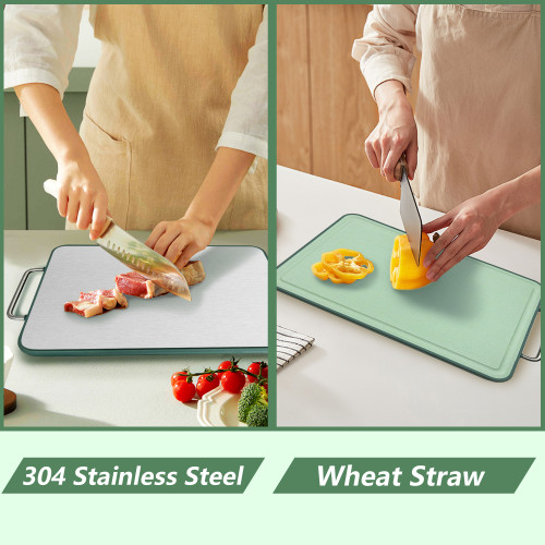 stainless steel cutting board| 11“ X 16”With Solid Stainless Steel Carry Handle, Invisible Spill-Proof Grooves, Full Wrap-Around Non-Slip